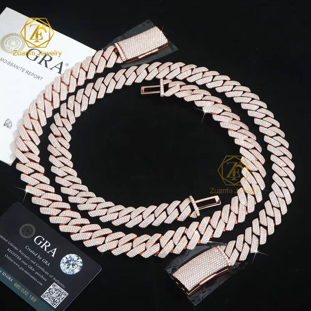 Pass Diamond Tester 20mm Rose Gold Moissanite Cuban Chain Wholesale Price 925 Silver Hiphop Cuban Link for Wedding Gift
