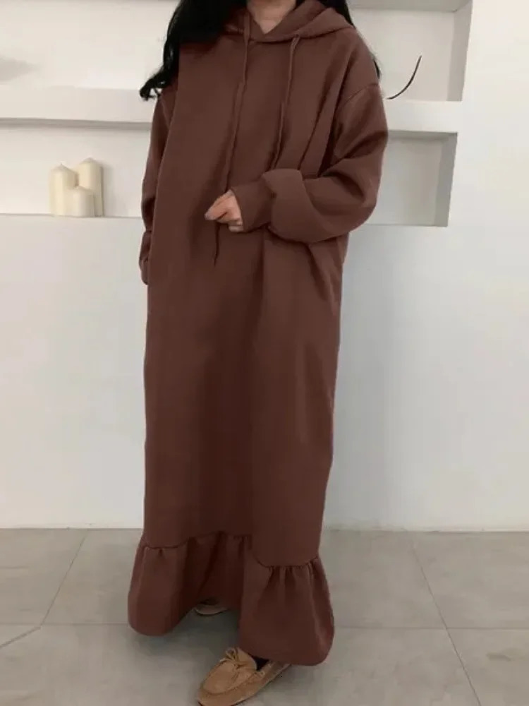 Autumn and Winter Womens Elegant Loose Long Dress Solid Color Hooded Commuting Style Straight Pocket Hoodie 251027