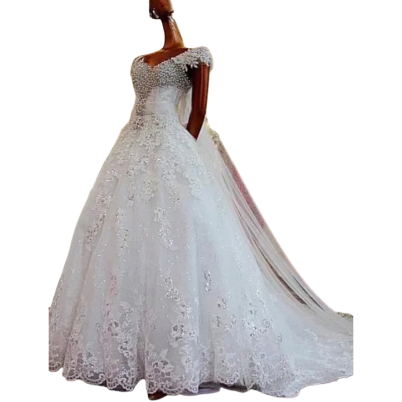 Luxury Beaded A-Line Wedding Dresses Lace Appliques White Elegant Bridal Gowns Short Sleeves V-Neck Tulle Shiny Bride Dress Custom Made Vestidos De No