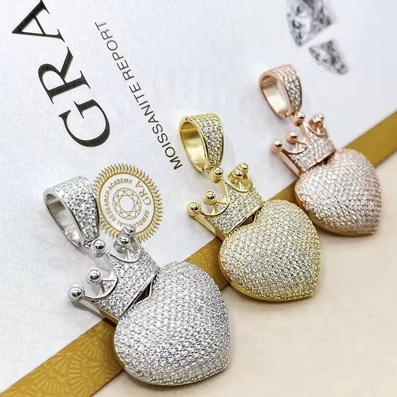 Hip Hop 925 Sterling Silver Bling Iced GRA VVS Moissanite Crown Heart Pendant Pass Diamond Tester Jewelry for Men and Women