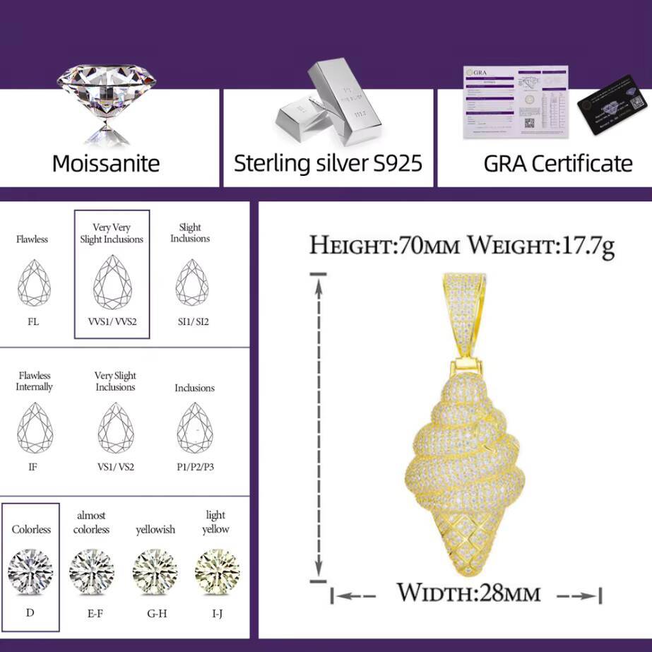Hip Hop GRA Certified Moissanite D Color Iced Out Ice Cream Pendant Pass Diamond Tester Cone Charm for Necklace Bling Jewelry