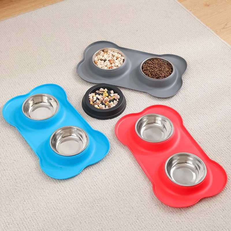 Pet supplies food utensils stainless steel folding dog bowl cat bowl placemat silicone double bowl leakproof easy to clean J251113