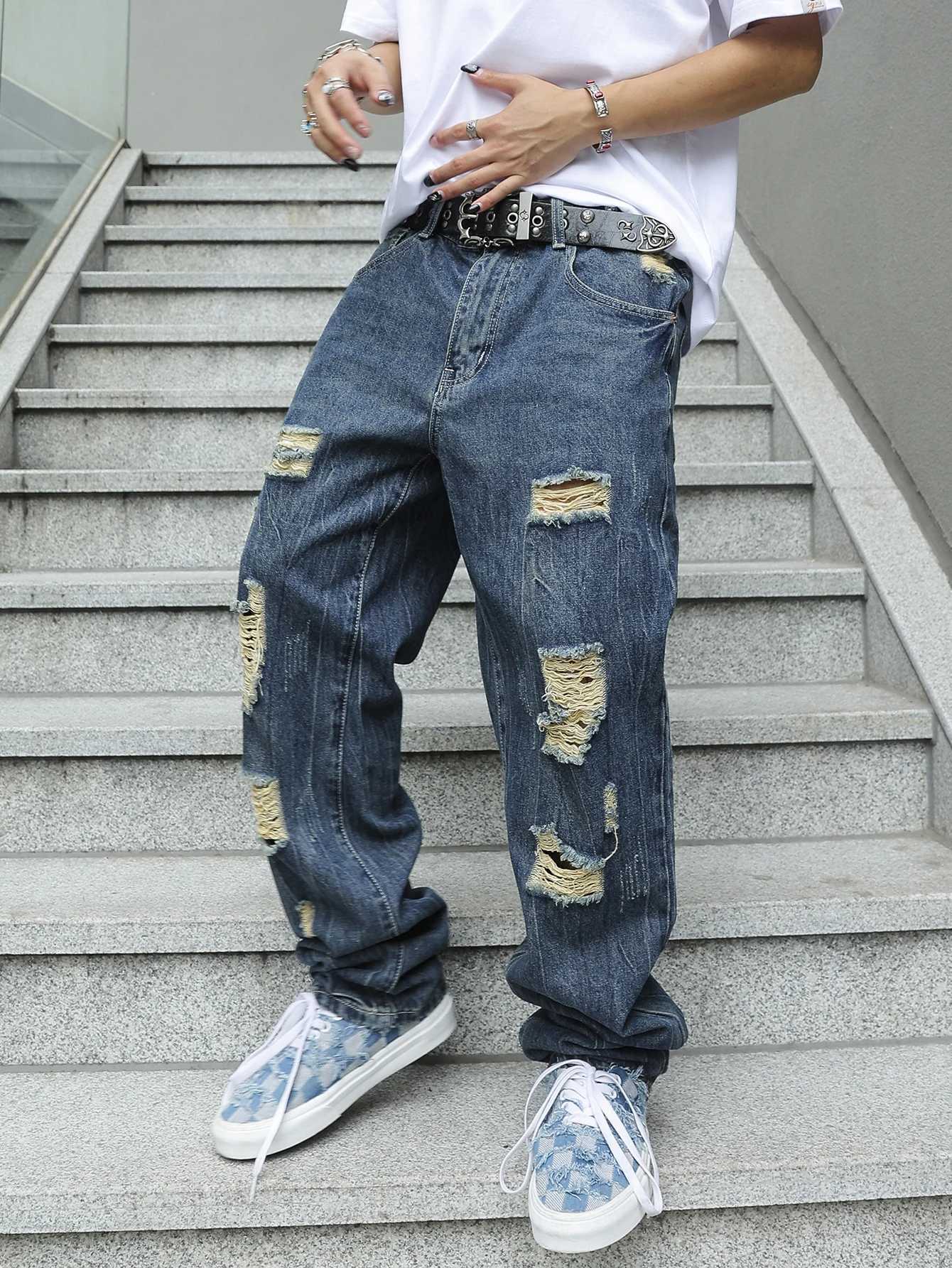 Mens Regular Fit Distressed Jeans Navy Blue Washed Ripped Denim Y2K HipHop Streetwear J251030