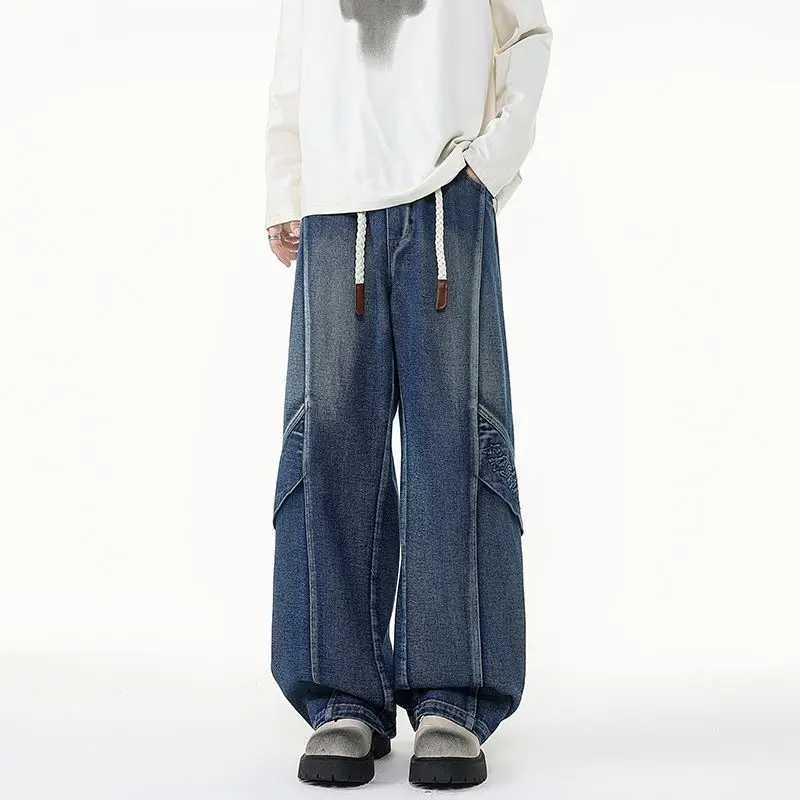 Mens Denim Washed Retro Spliced Oversized Autumn And Winter American Woven Leather Handsome Straight Leg Casual Wide Leg Pants J251030