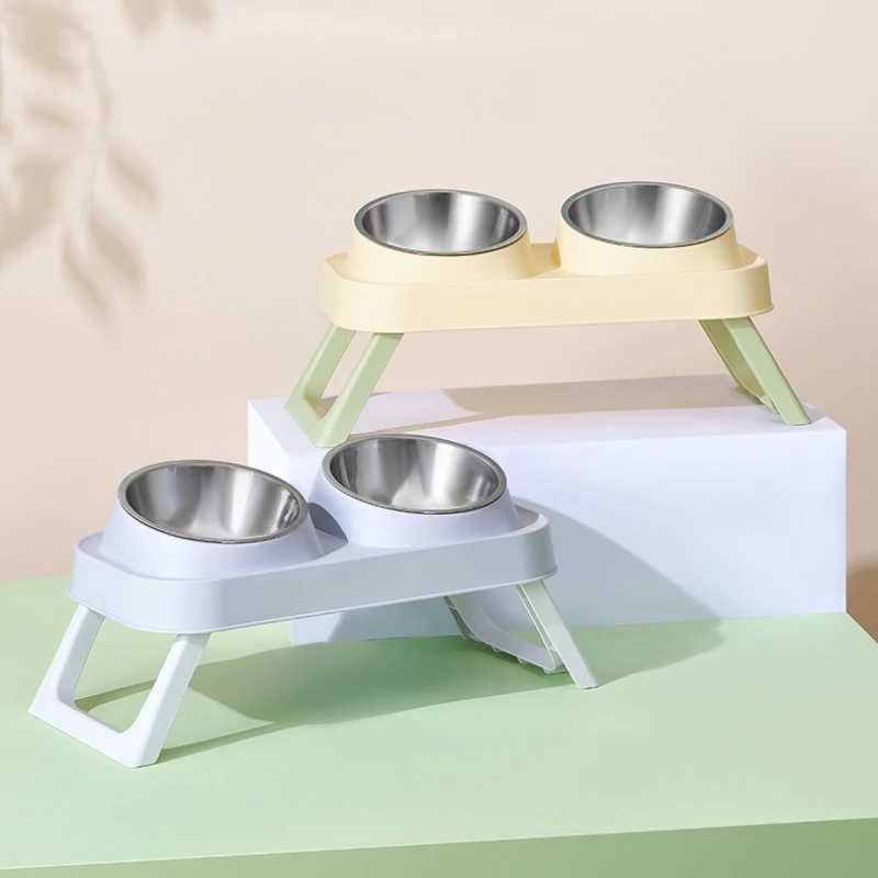 15 Elevated Pet Feeder Portable Foldable Dual Stainless Steel Bowls with NonSlip Base Neck Support for Cats and Dogs J251113