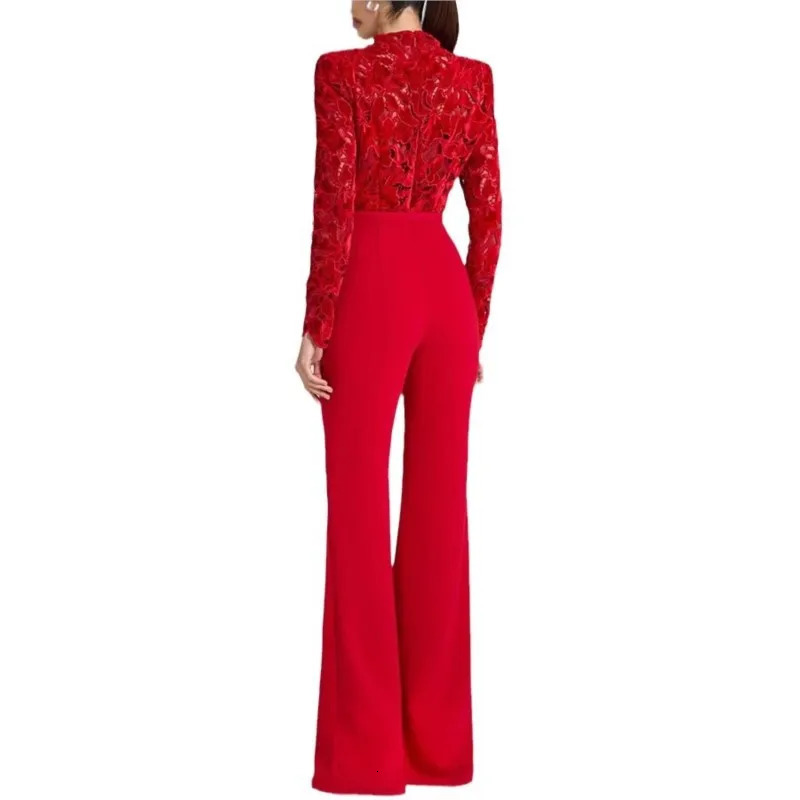 Embroidery Lace Red Jumpsuits Women Sexy Slim Longsleeved Belt High Waist Jumpsuit Female 2025 Casual Lady Party Rompers 251029