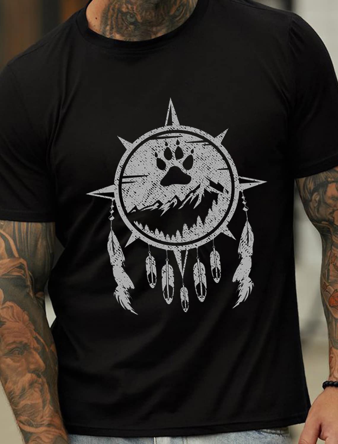 European & American Oversized Bear Paw Print Mountain Wind Chime Floral Pattern Men's Cotton Summer T-Shirt - TT7250