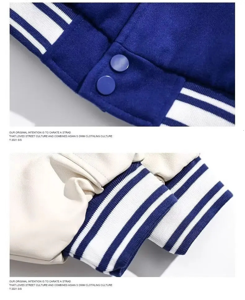 Vintage Baseball Jacket Men Women Couple Klein Blue PU Sleeves Bomber Mens Outwear Fashion Coat Man 251028