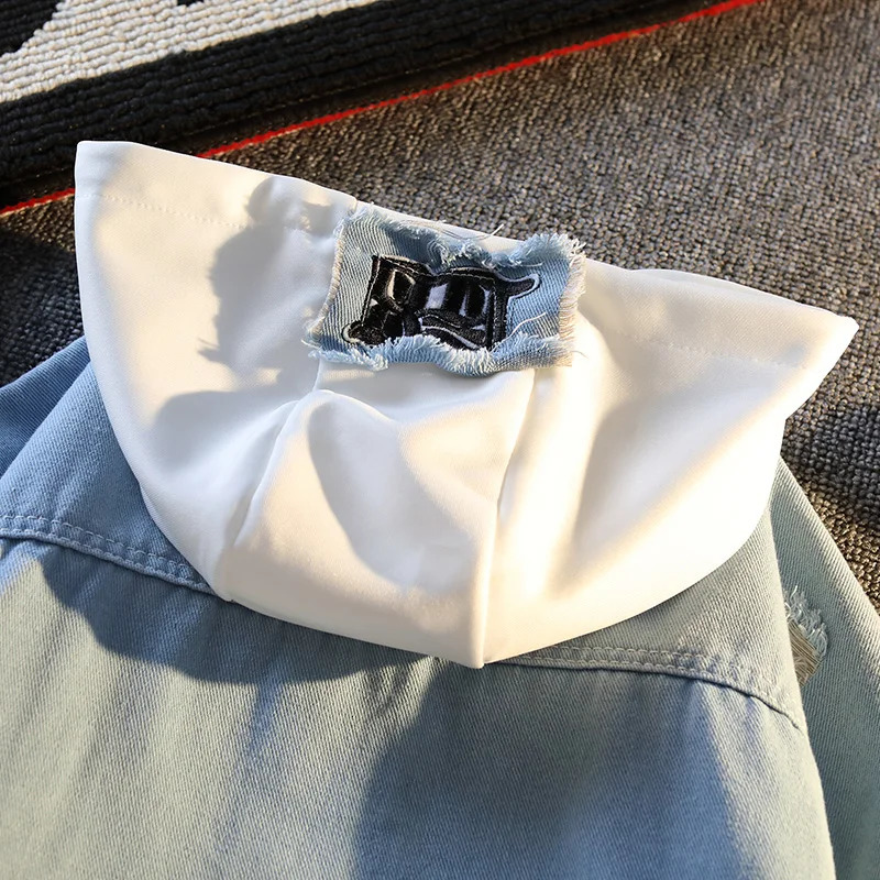 Korean Fake TwoPiece Denim Jacket for Men Hooded Trendy Patchwork Design Youthful BF Couple Street Outerwear 251029