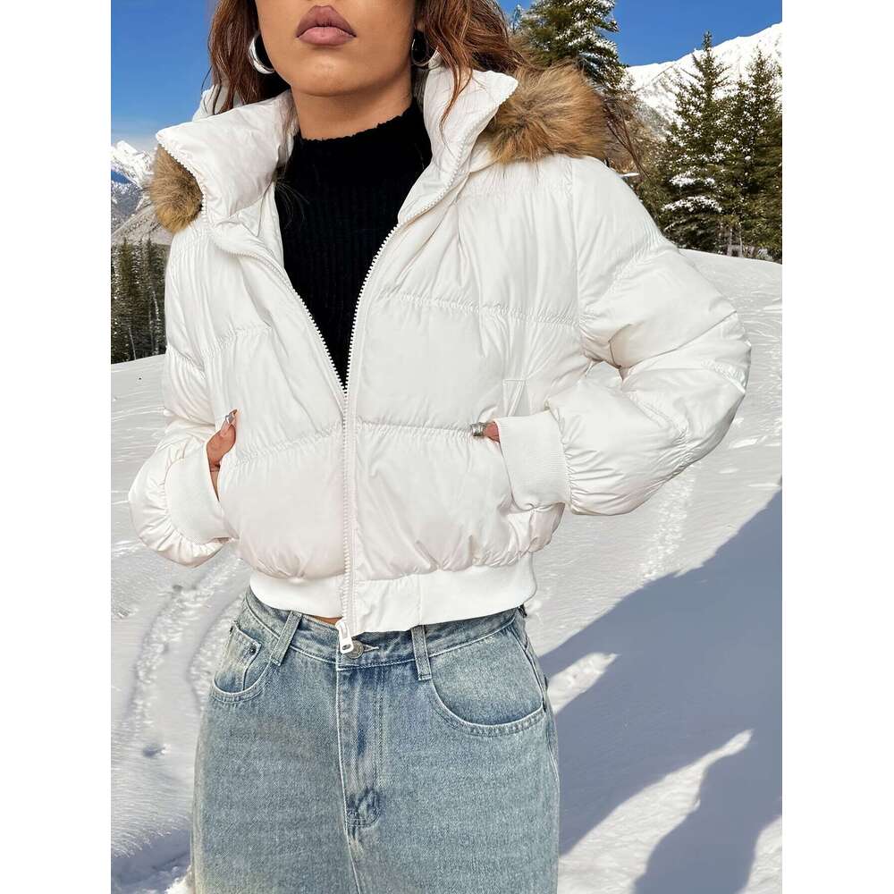 Women S Short Jacket Thickened Warm Hooded Zipper Pocket Design With Ribbed Cuffs And Hem Detail Removable Faux Fur Collar For Autumn Winter New Arriv
