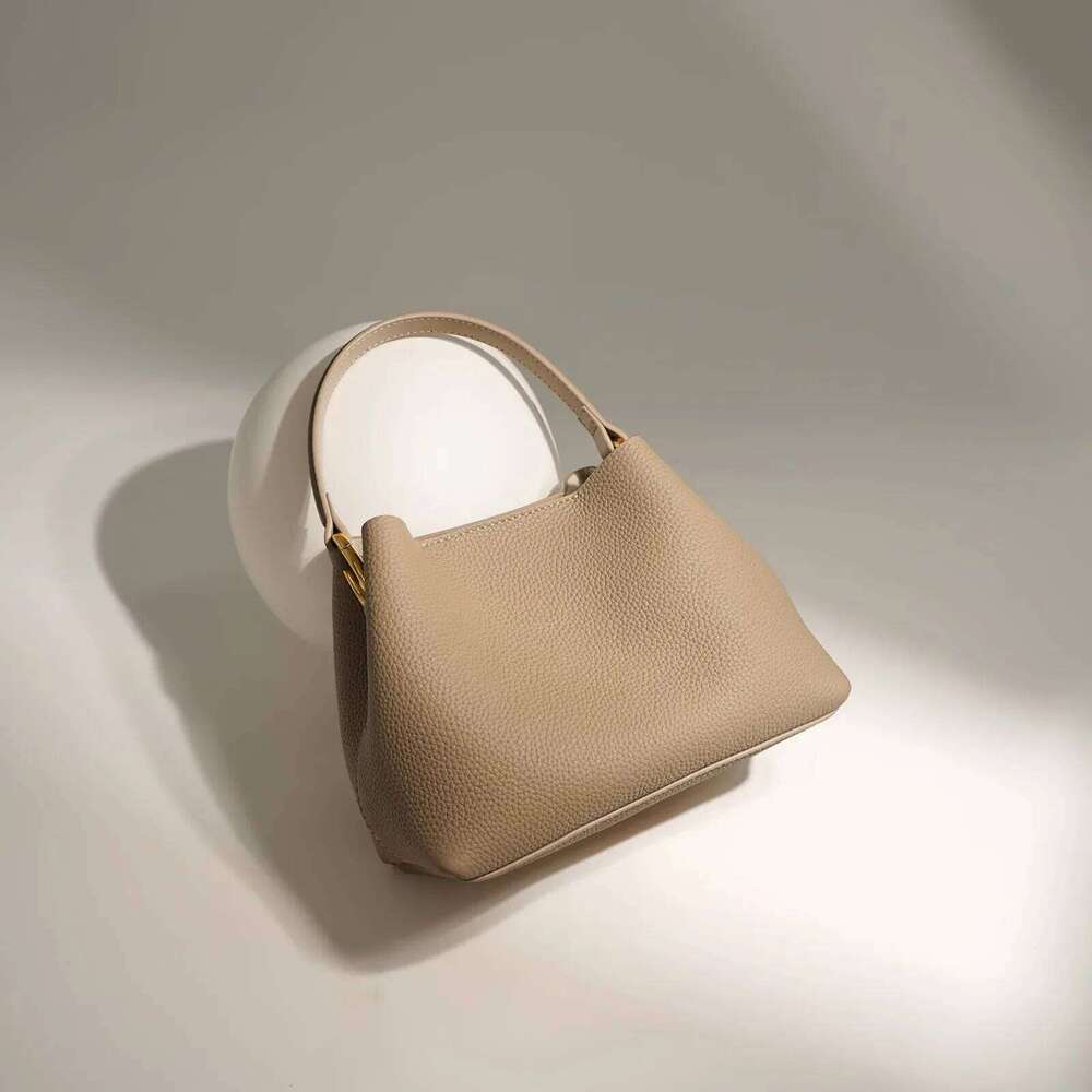 Mini Soft Leather Bucket Bag Women's Crossbody Basket Design Handbag Top Layer Cowhide Apricot Color Casual Chic Style