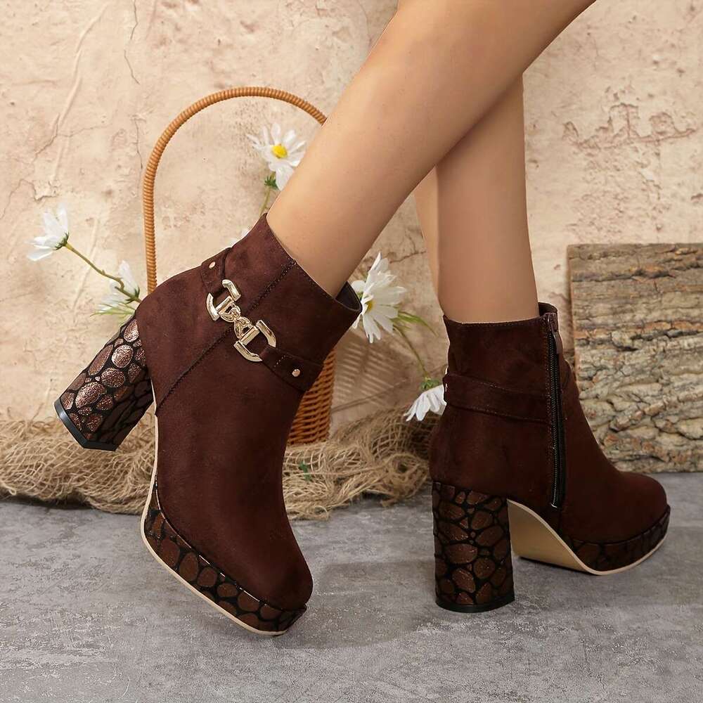 Women's Ankle Booties With Ultrahigh Block Heel, Square Toe, Fabric Upper & Lining, Zipper Closure, Man-Made Insole, Plastic Sole - Fashionable F