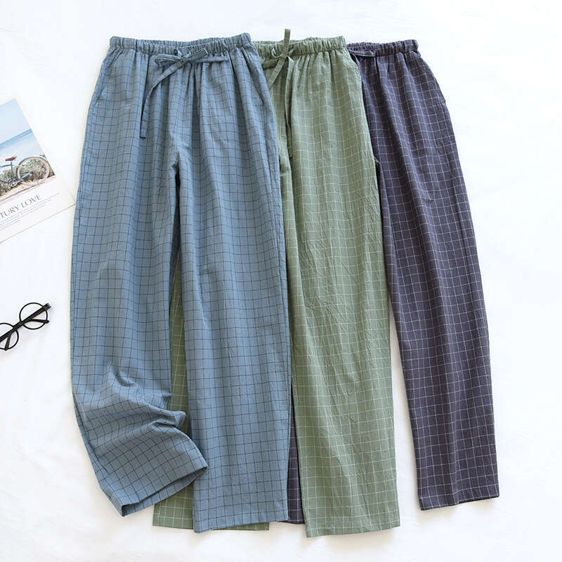 Washed Men's Pajama Long Pure Cotton Spring Autumn Summer Thin Plaid Home Pants Loose Fit Large Size