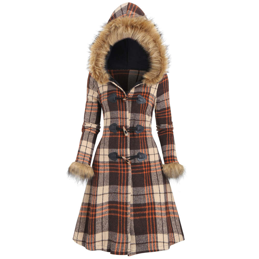 Women S Tartan With Hood Collar Bury Black White Plaid Jacket Golden Tone Buckles Like Trim Fau Hine Washable Elegant Scottish Inspired Outerwear For 