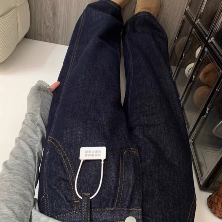 Designer luxury Original Color Wide-Leg Jeans for Women, Autumn and Winter Fleece-Lined High-Waisted Loose Lazy Style Dark Blue Straight-Leg Floor-Len