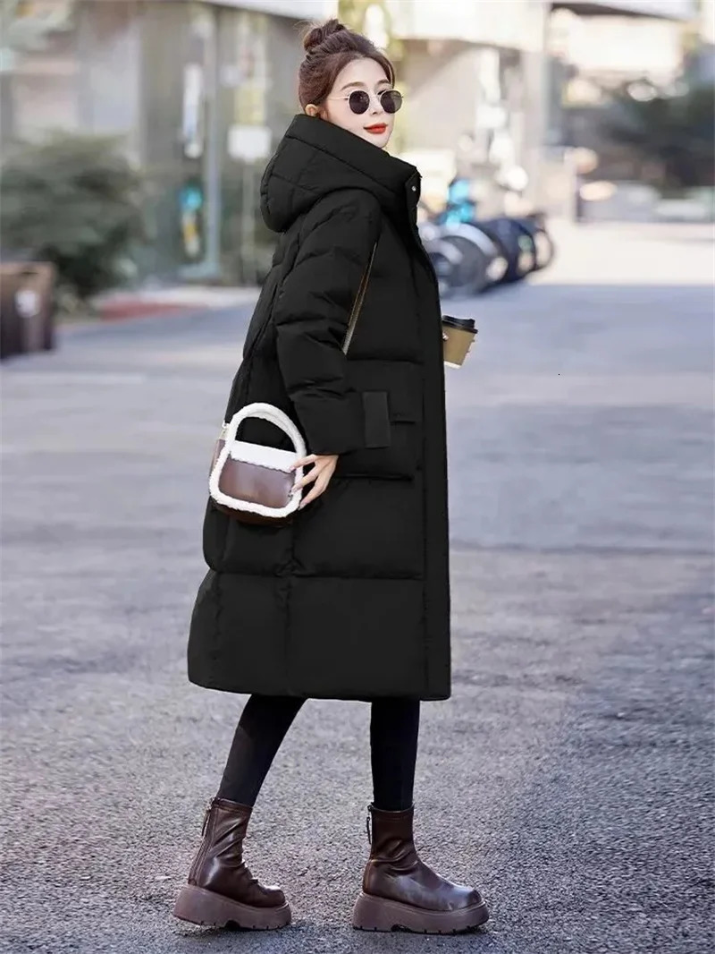 Mid to Long Down Jacket Knee Length Winter Item Thickened Warm Fashionable Loose Versatile Jacket Womens Solid Color 251030