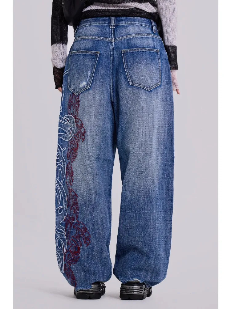 HOUZHOU Y2k Graphic Embroidery Vintage Women Jeans Oversized Hip Hop American Style Streetwear Wide Leg Denim Trousers Harajuku 251029