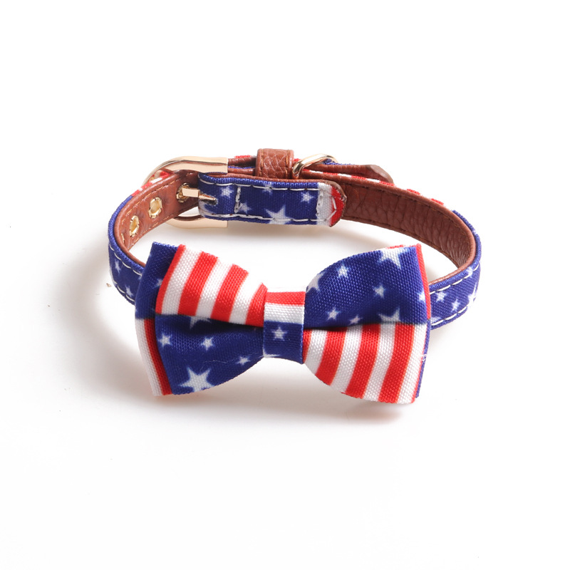 American Flag Pattern Dog Collar Leash Set with Bowtie & Bandana, Multi-Size, Sturdy Buckles, For All Dog Sizes, Fashionable Pet Walking Gear B179