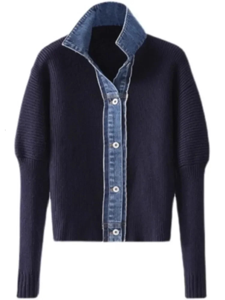 2025 Autumn Jean Patchwork Women Cardigan Sexy Contrast Color Sweet Knitted Top Long Sleeve Chic Fashion Jumpers Sueter 251029