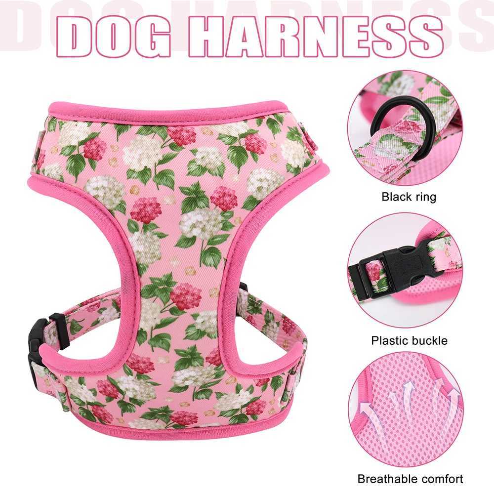 Personalized Dog Collar Leash Harness Set Nylon Small Large Dogs ID Collars Pet Vest Harness Lead Belt Rope Flower Accessories J251129