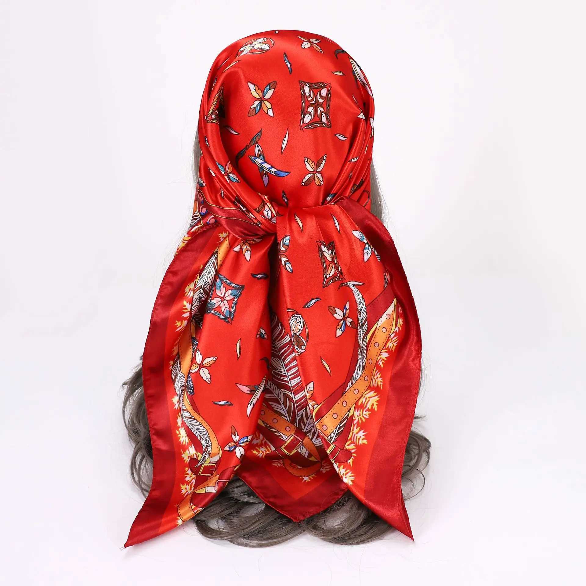 Faux Silk Scarf for Women 90x90cm Square Patterned Neck Wrap Lightweight Shawl Fashionable Head ScarfW251029