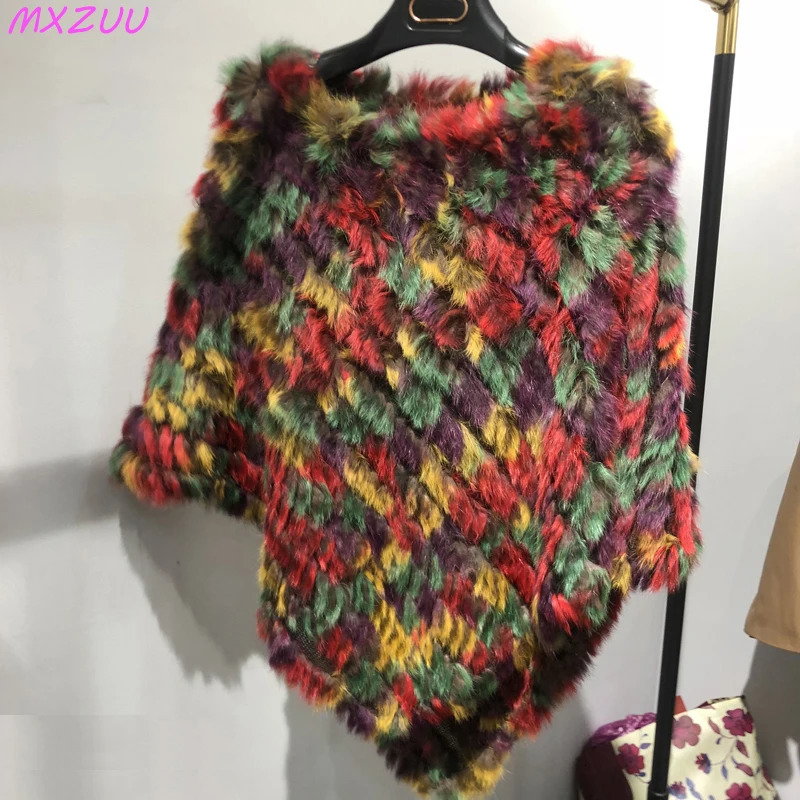 2025 Winter Knitted Natural Fur Shawl Women Fashion Colorful Rabbit Hair Cape Female Rainbow Color Poncho Streetwear 251029