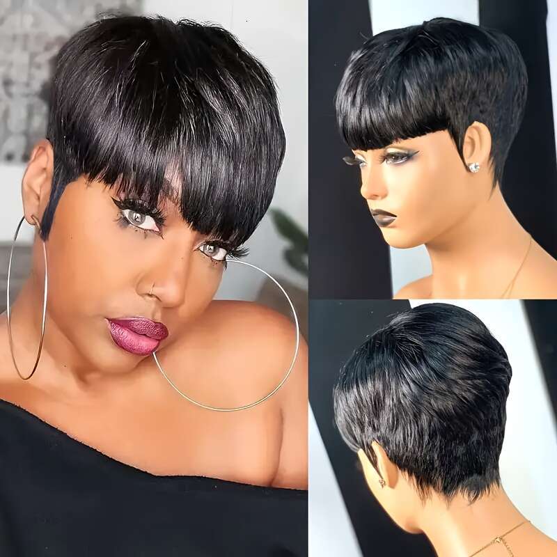 Women's Human Hair Wig - Bury Deep Red 150% Density High Volume Straight Pixie Cut With Neat Bangs Rose Net Cap Secure Fit Everyday Formal Events