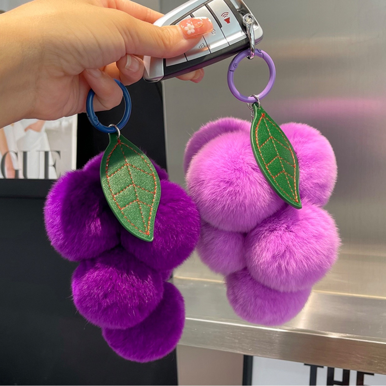 High-end Fluffy Rex Rabbit Fur Grape Car Keychain Cute Plush Bag Pendant