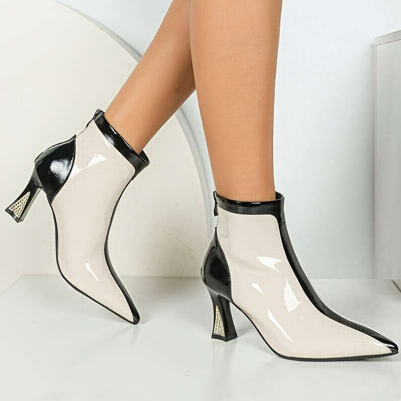 Women's Elegant Chunky Ankle Boots - Pointed Toe, Black White Color Block PU Cover Upper TPU Sole, Zipper Closure, Retro Style For Casual & Wear,