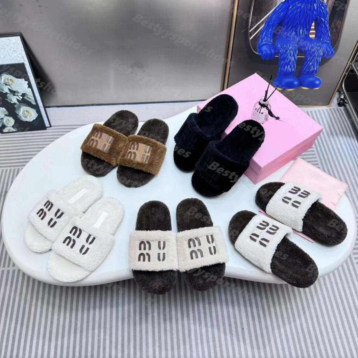 Women Fur Slides Furry Slippers Designer Mules Fall Winter Homewear Slide Men Footwear Paris Luxury Comfortable Fuzzy Flip Flop Fluffy Wool