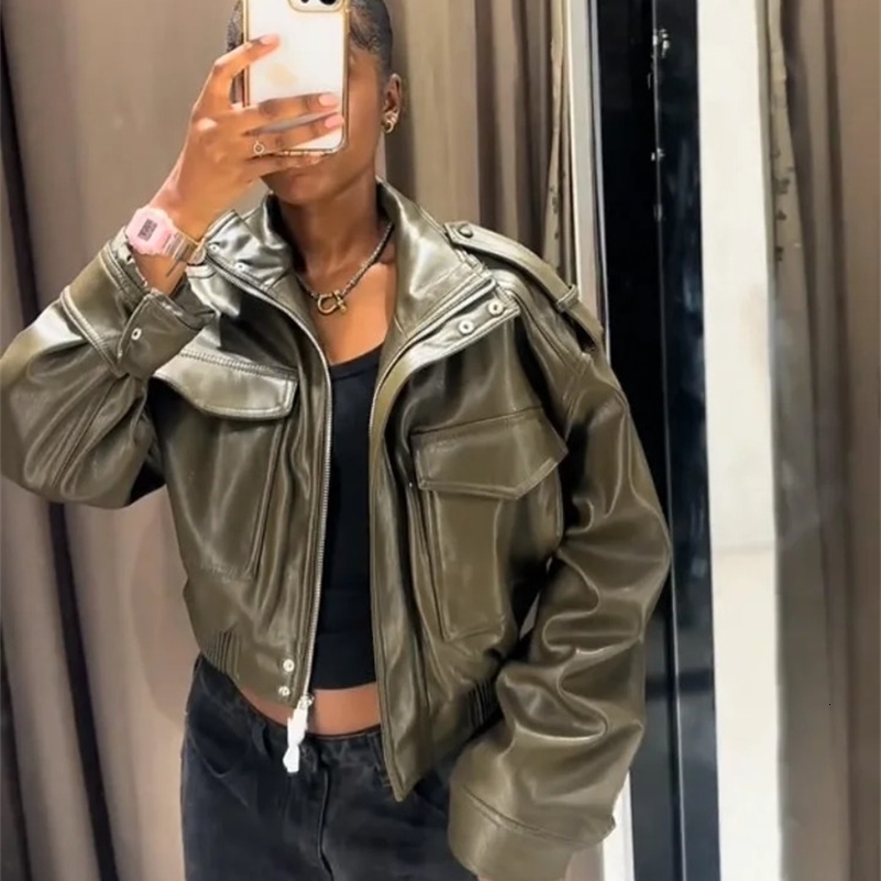 Vintage Zippers Short Leather Jackets Womens Casual Lapel Button Pockets Full Sleeve Coat 2025 Autumn Lady Chic Streetwear 251029