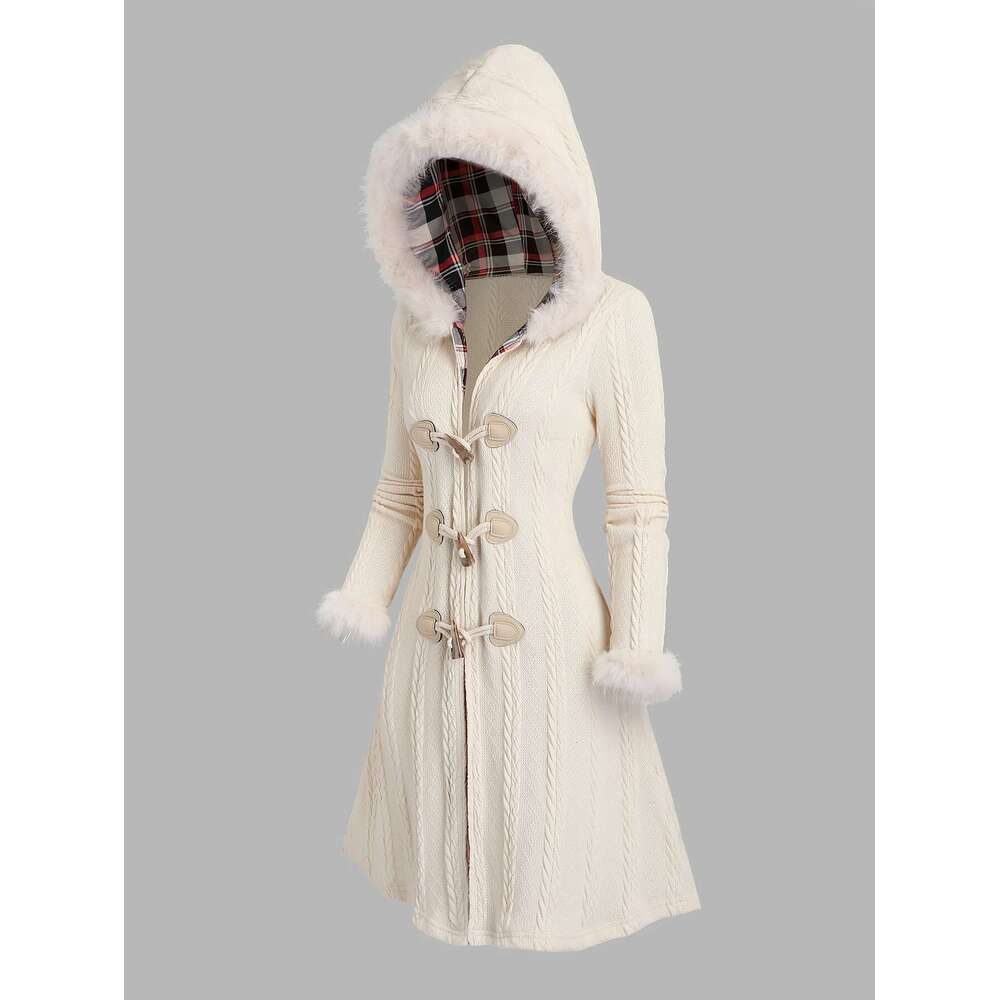 Y K Coat Y K Plaid Patchwork Hooded Coat Button Closure And Long Sleeves