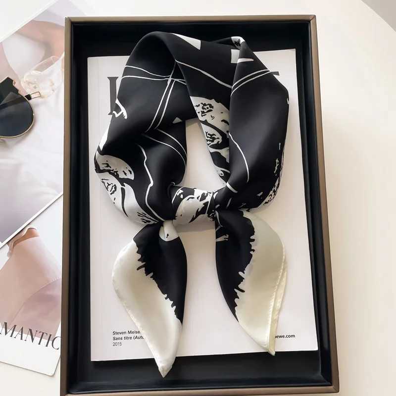 Luxury Black White Print Silk Square Scarf Women Soft Satin Hairband Neckerchief Office Hijab Headband Foulard Bag Ribbons GiftW251029