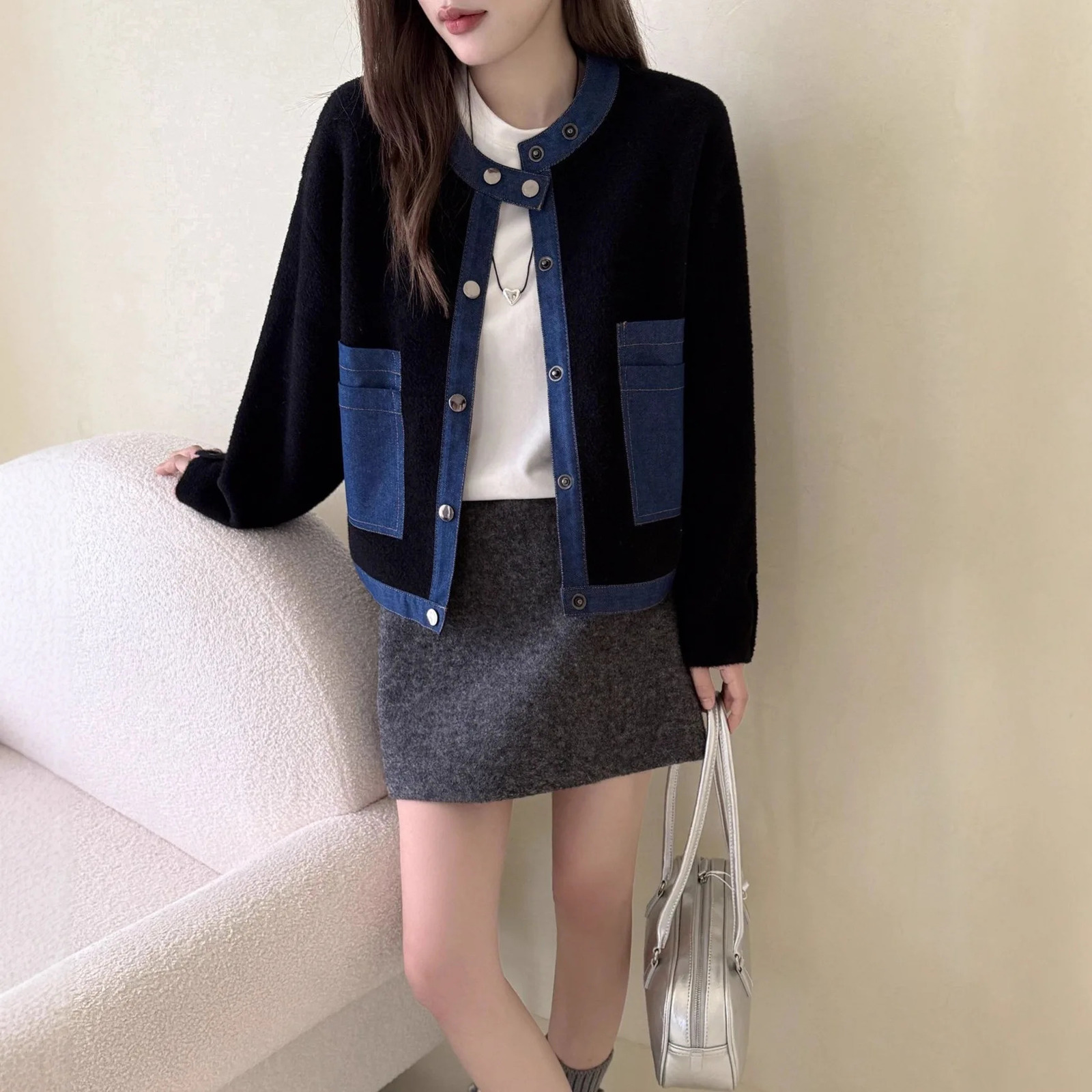 Women Cardigan Sweaters Coats Denim Splice Jackets Round Neck Jumpers Y2k Streetwear Elegant Knit Open Stith Autumn Winter 251029