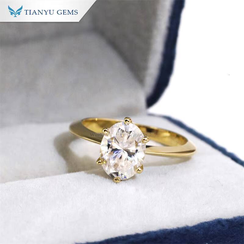 Tianyu Gems 7x9mm 2ct Oval Brilliant Cut Moissanite Ring 6 Prongs Knife Edge Band 18k 14k 10k Yellow Gold Solitaire Rings Women