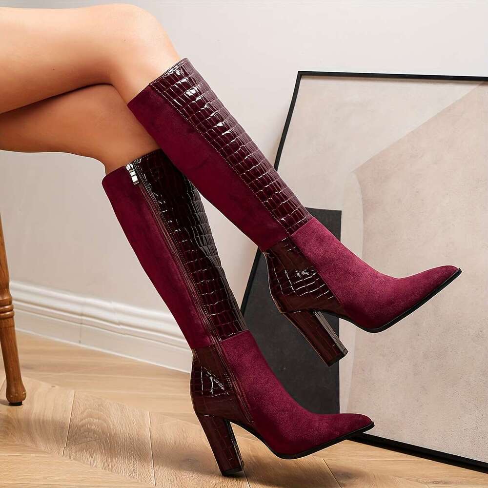 Women's Pointed Toe Knee-High - Faux Cover, Wine Lined, Zipper Closure, Ultra-High Heel, Perfect For & Fall, Autumn Winter Footwear Elegant Boot 