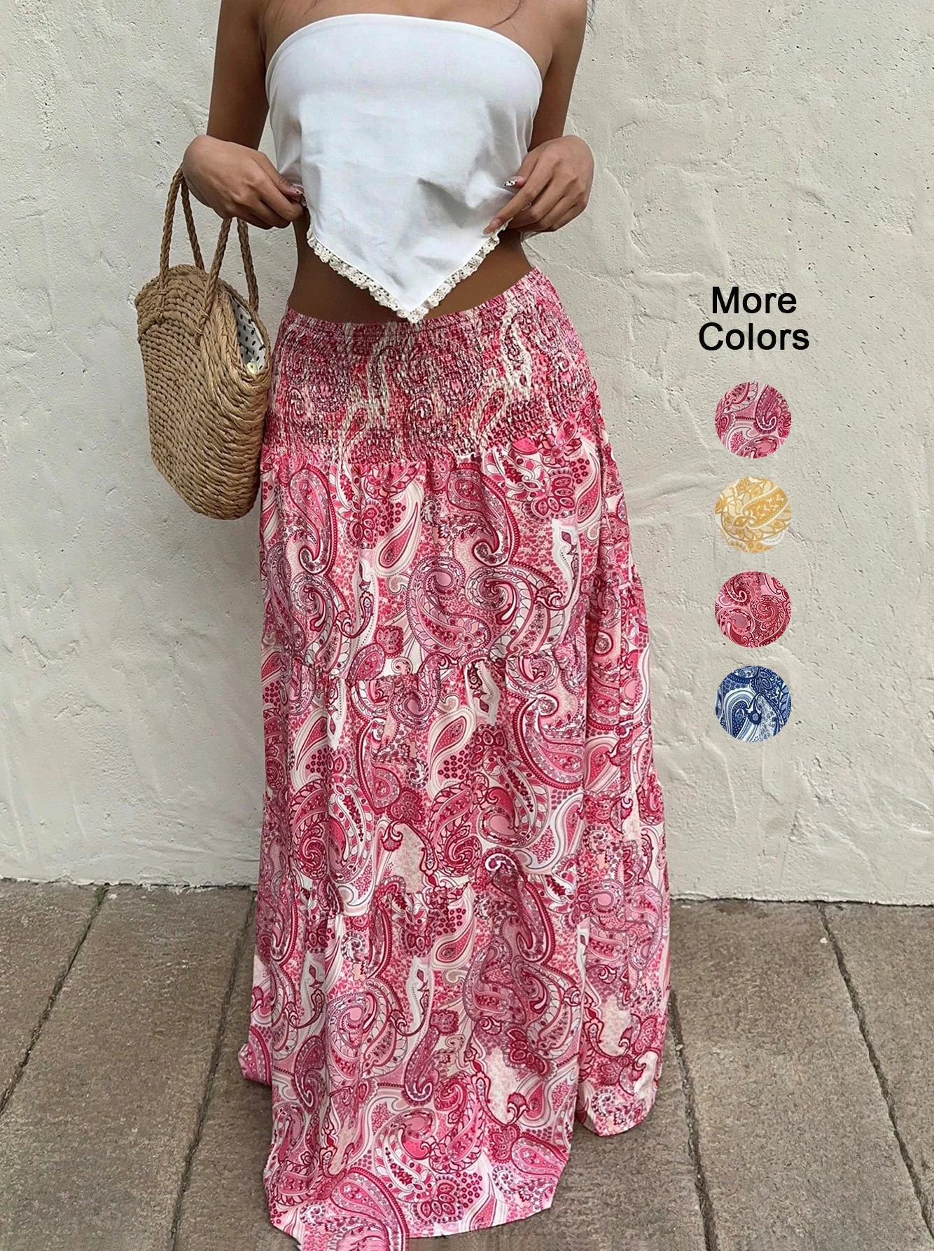 Vacation Style Stretchy Waist Long Maxi Skirt Flowy Beach Skirt with Elastic Waistband 251028