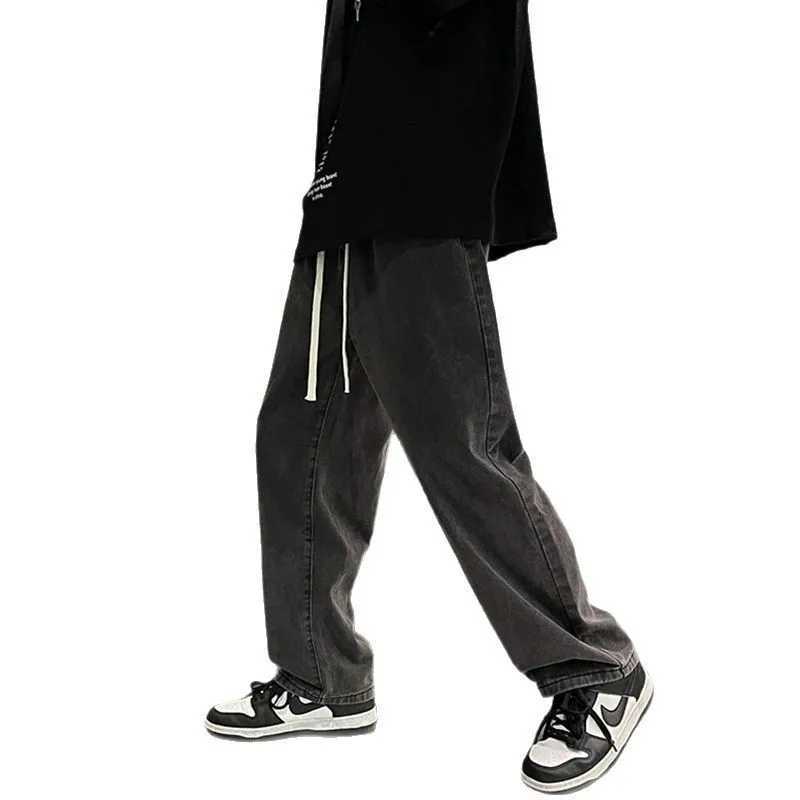 American Trendy Distressed Washed Jeans for Men Loose Fit Spring Vintage Style Split Design Slimming Pants J251030