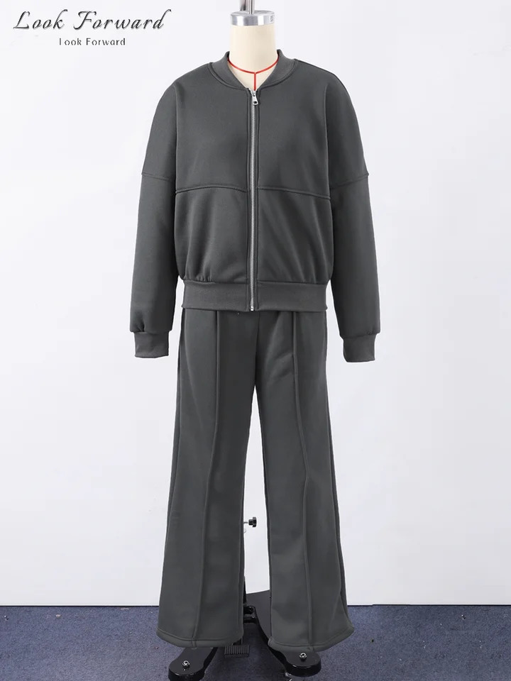 Casual Sweatshirt Pants Set Women Spring Autumn Zippers Oneck Jacket Loose Laceup Elastic Waist Trousers Suits Lady Solid 251029