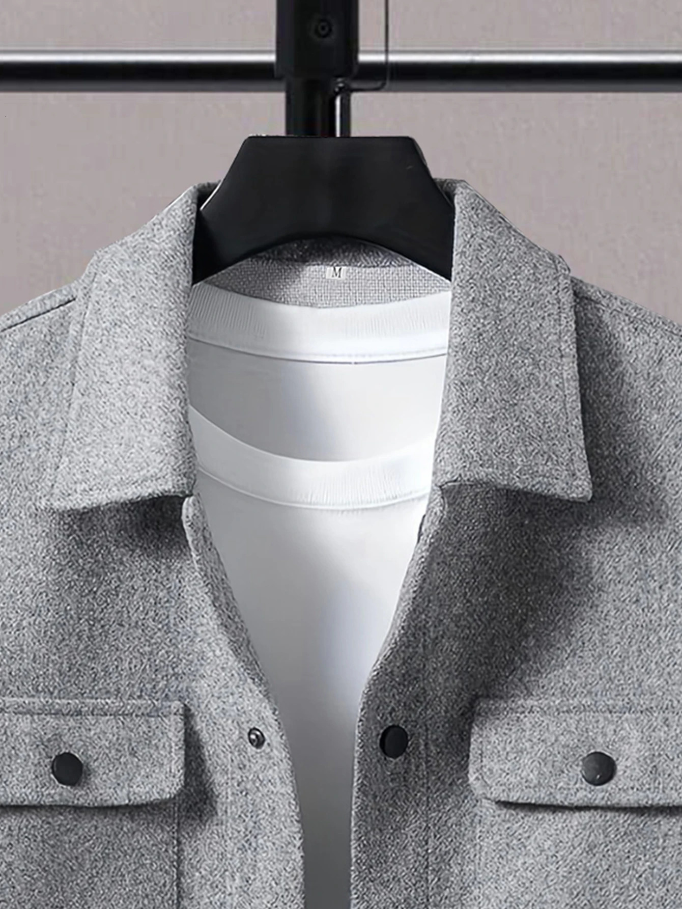 Autumn Mens Woolen Jacket Solid Color Coat Collar Button Front Flip Pocket 251029