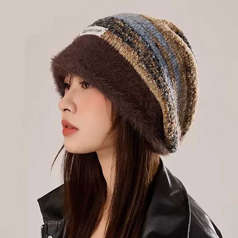 Maillard Fuzzy Warm Beanie Women Stylish Retro Knitted Hat Fall Winter Female Ear Protection Fashion Design Stacked Hat LadiesXJ251030