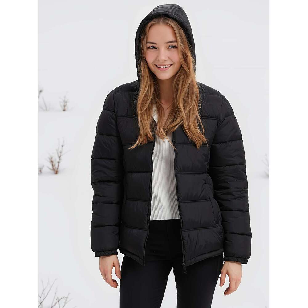 Women S Elegant Casual Long Sleeve Hooded Puffer Jacket Polyester Non Stretch Solid Color With Pockets And Flared Hem