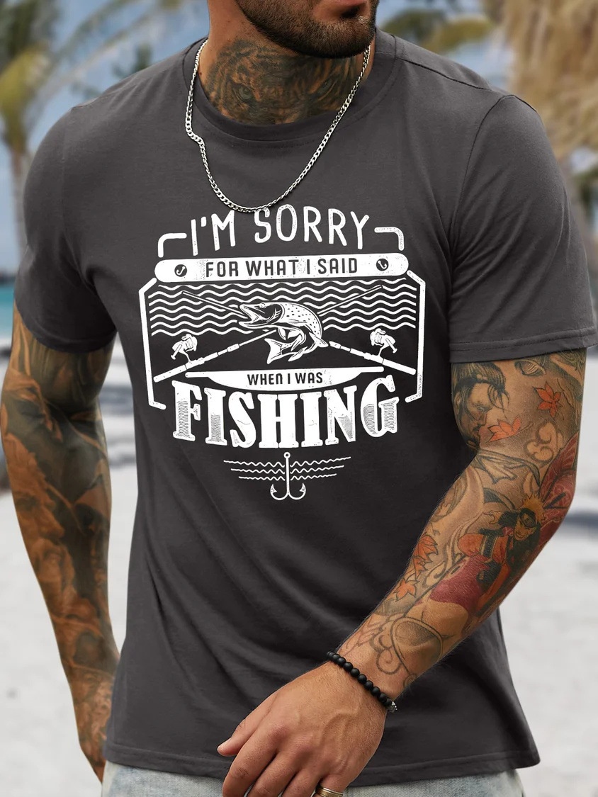European & American Oversized Men's Fishing-Themed Fun Cotton Casual Crewneck Letter T-Shirt - TT7379