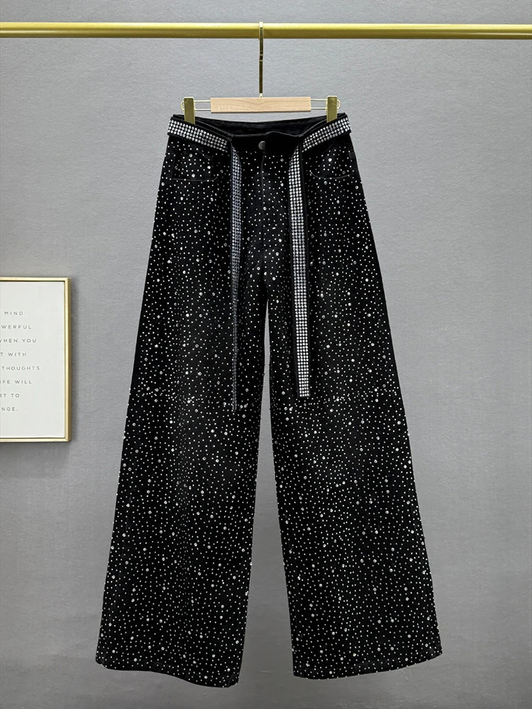 Vintage Fashion Womens Full Diamond Jeans High Waist With Belt Straight Wide Leg Denim Pant Female 2025 Autumn 251029