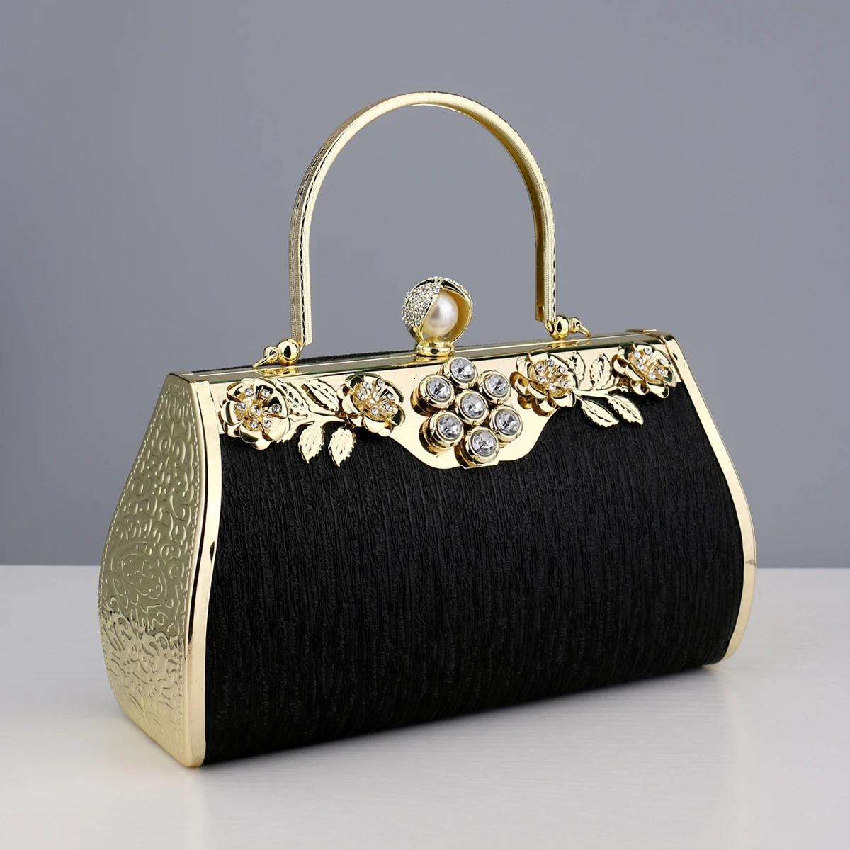 Golden Evening Bags Lady Bucket Small Clutch With Diamonds Handbags Flower Printed Purse 251023
