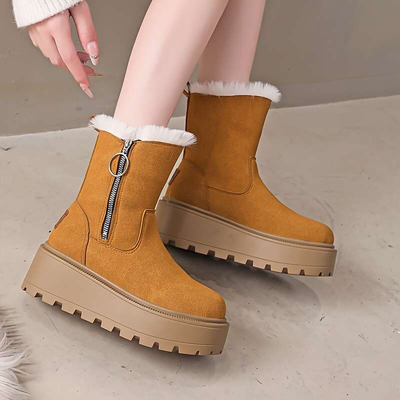 Women's Chunky Platform Boots Beige/ Tan Slip-Resistant Rubber Sole, Cushioned Insole Zipper Closure Soft Fabric Lining For Everyday & Formal Out