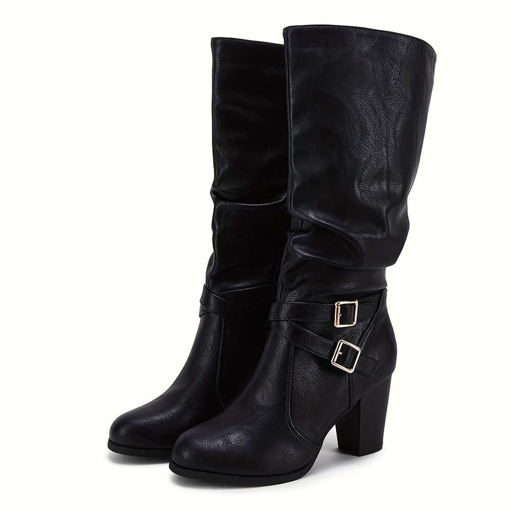 Women's Mid Knee High Boots, Thick Heel, Casual Metal Buckle, Side Zipper, Fashionable Long Boots
