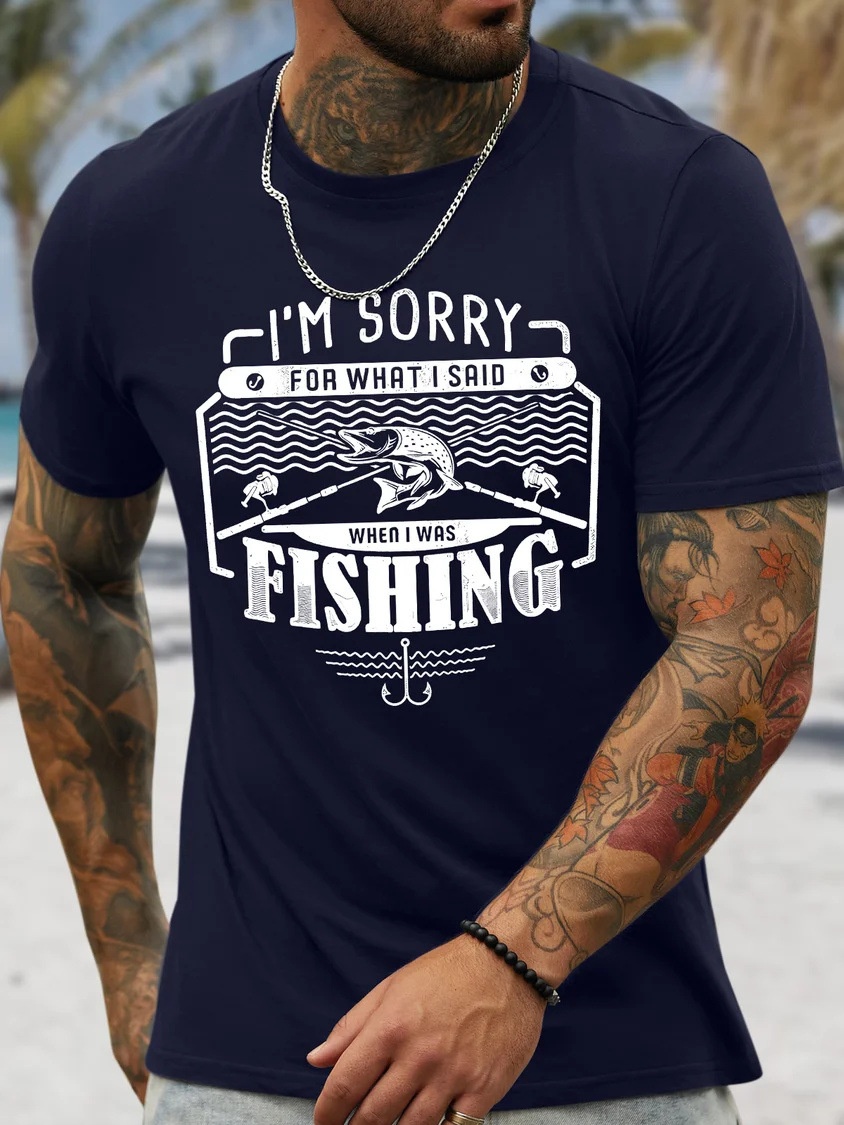 European & American Oversized Men's Fishing-Themed Fun Cotton Casual Crewneck Letter T-Shirt - TT7379