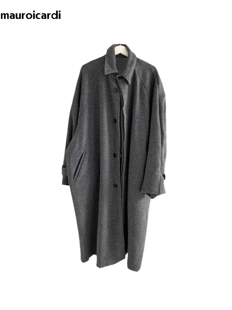 Mauroicardi Autumn Winter Long Warm Grey Black Slouchy Woolen Coat Men Single Breasted Loose Casual Wool Blends Overcoat 251029