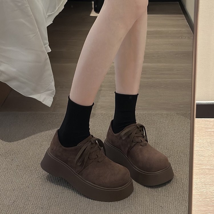 Vintage shoes autumn fashion small man height muffin loafers round toe lace-up platform single shoe trend2025